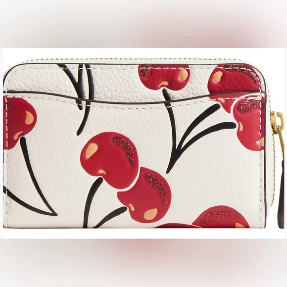 COACH Cherry Print Chalk Leather Zip Around Card Case w/Box - Picture 2 of 6